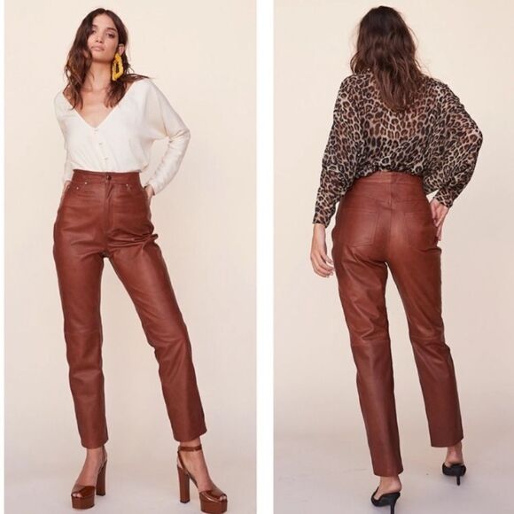 Lpa Leather Brown Pants Straight Leg High Waisted Size XS - Picture 1 of 10